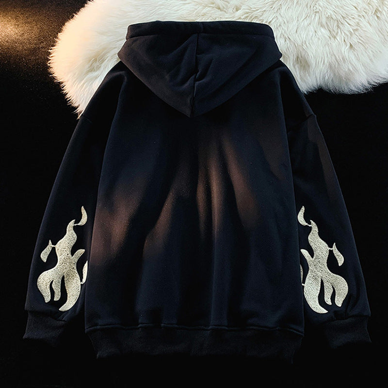 American Retro Cardigan Sweater Interesting Print Oversize Couple Loose Hooded Sweater Autumn And Winter Coat For Women