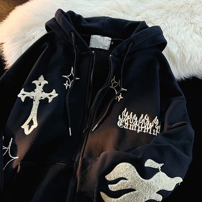 American Retro Cardigan Sweater Interesting Print Oversize Couple Loose Hooded Sweater Autumn And Winter Coat For Women