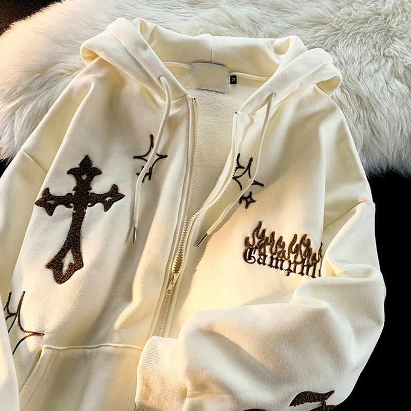 American Retro Cardigan Sweater Interesting Print Oversize Couple Loose Hooded Sweater Autumn And Winter Coat For Women