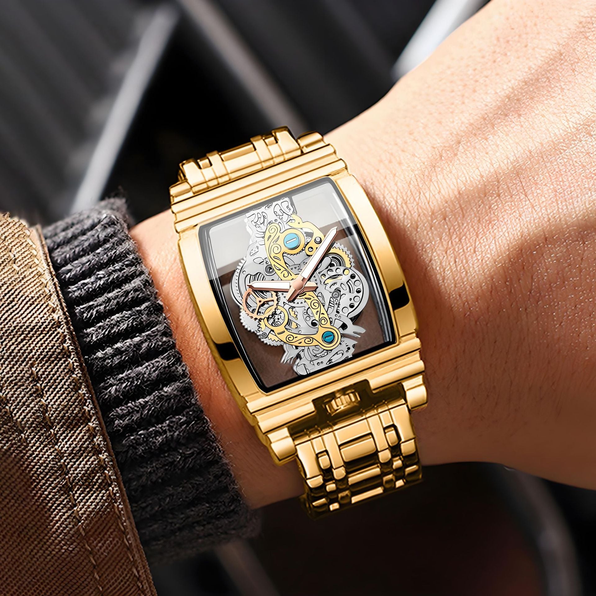 Fashion Wine Barrel Motorcycle Gear Strip Hollow Watch Tourbillon Leather Watch Men&#039;s Personalized Waterproof Luminous
