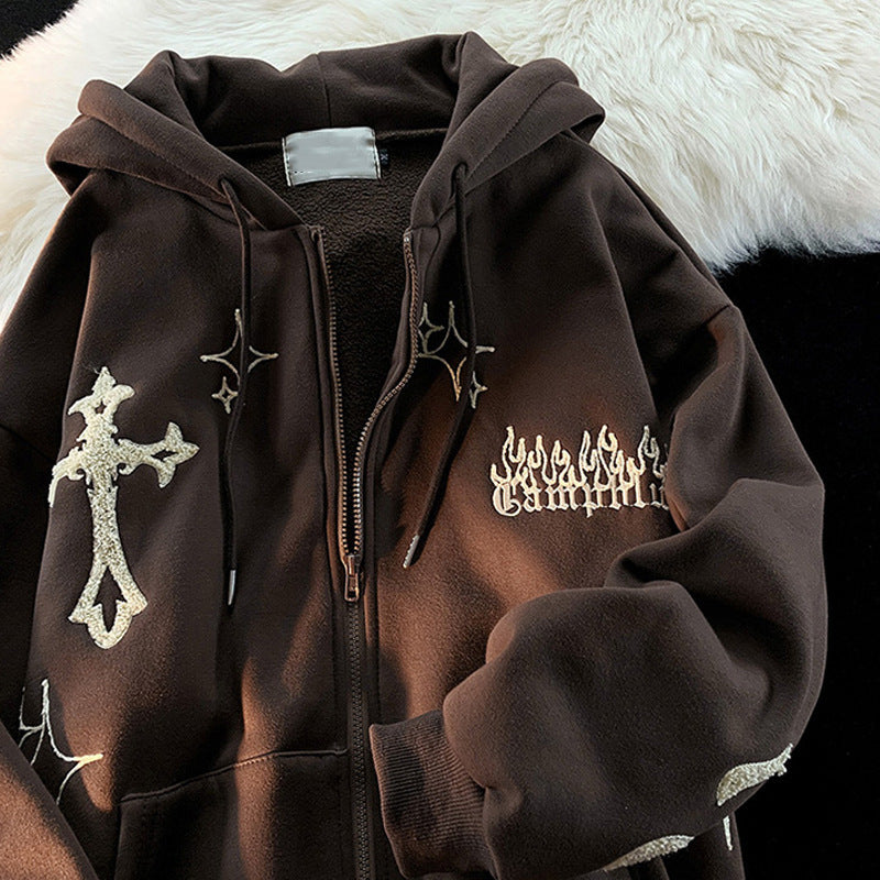 American Retro Cardigan Sweater Interesting Print Oversize Couple Loose Hooded Sweater Autumn And Winter Coat For Women
