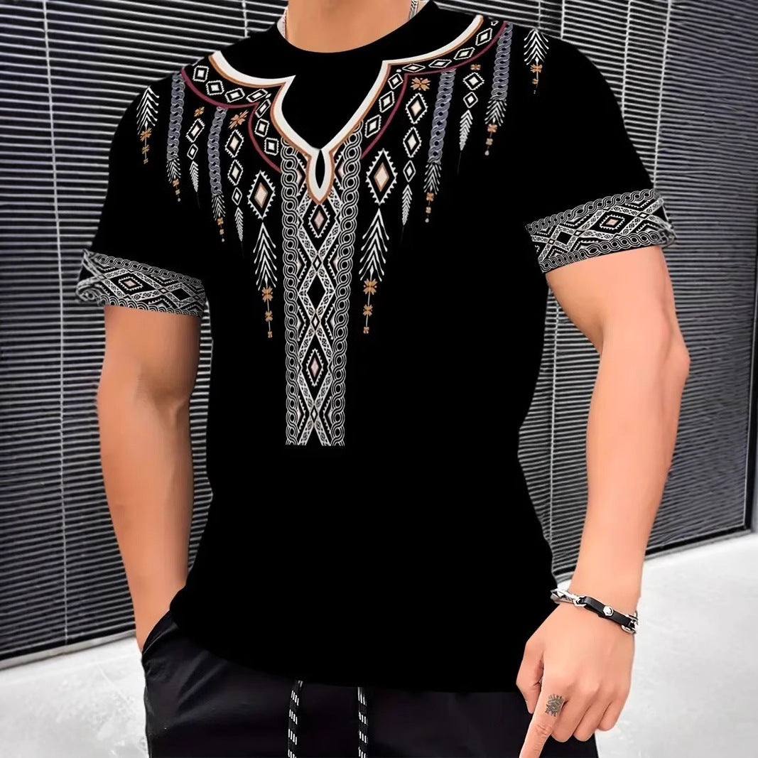 Men&#039;s Casual All-match Loose Breathable Short-sleeved Round Neck T-shirt Hot Selling Classic Retro Tribal Pattern 3D Printing