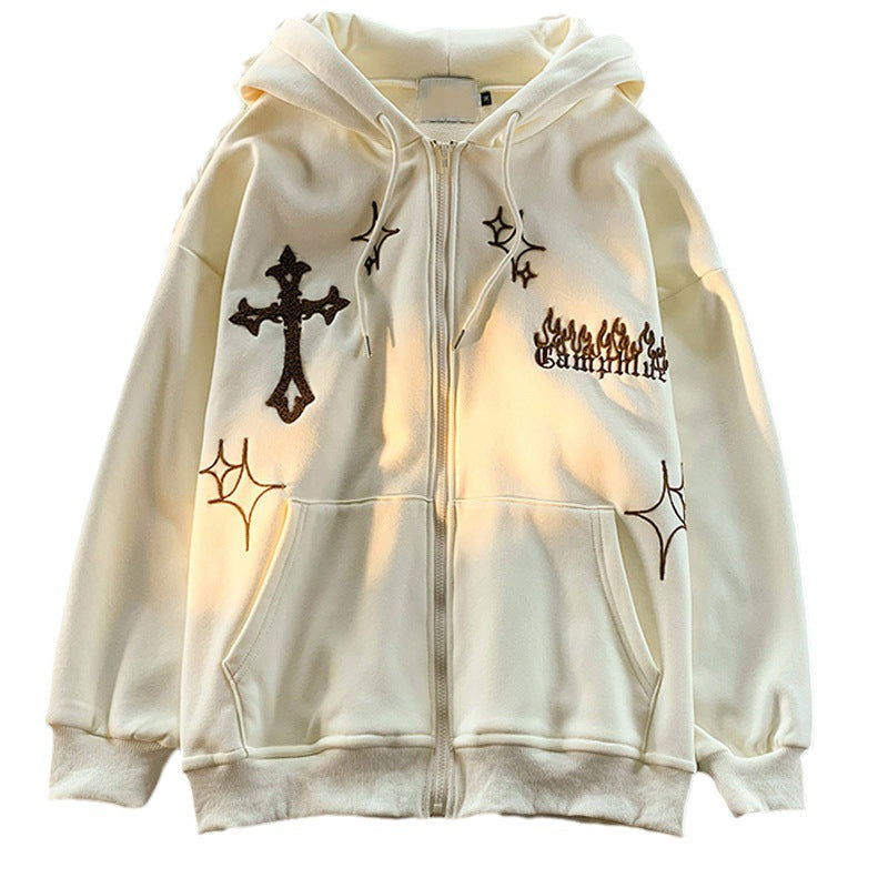 American Retro Cardigan Sweater Interesting Print Oversize Couple Loose Hooded Sweater Autumn And Winter Coat For Women